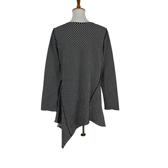 Asymmetrical Polka Dot Tunic Top Large Black White Long Sleeve Flowy Modern Chic - Picture 3 of 3